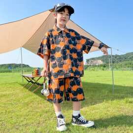 织里夏季男童短袖衬衫套装新童装儿童男孩卡通翻领两件套青少年潮