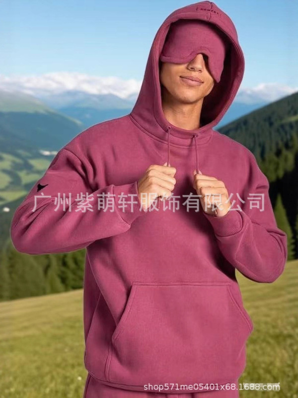 2025亚马逊欧美秋冬新款内置眼罩连帽衫纯色套头长袖卫衣套装|undefined