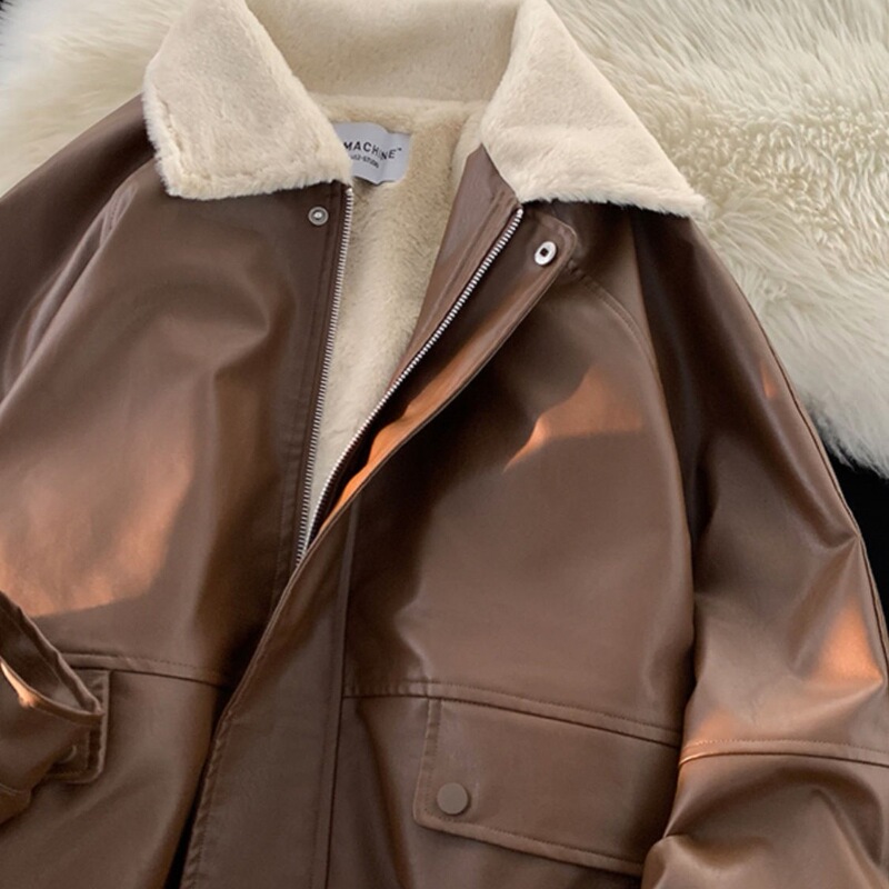 Leather Jacket with Fleece Lining, American-Style Pilot Jacket, Women's Winter Thick Cotton Coat, High Street Cotton-Padded Jacket Season