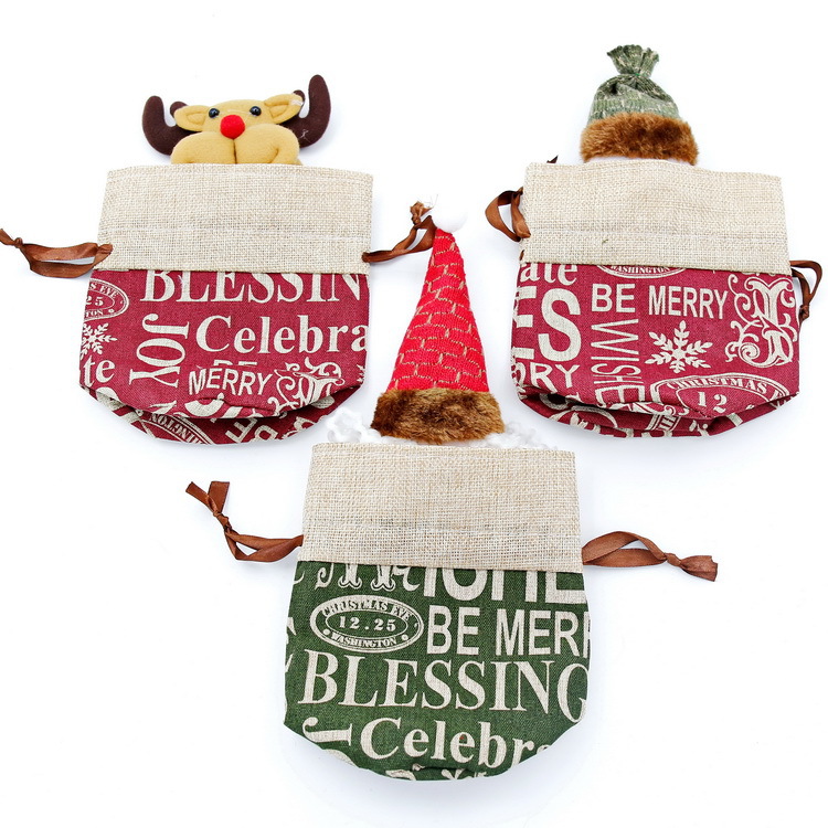 Nueva Navidad decoraciones Lino inglés cordón Apple bolsa niños dibujos animados viejo muñeco de nieve ciervos caramelo bolsa de regalo