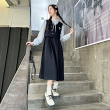 女童学院风假两件连衣裙女2025新款春秋款中大童时尚韩版连衣裙潮