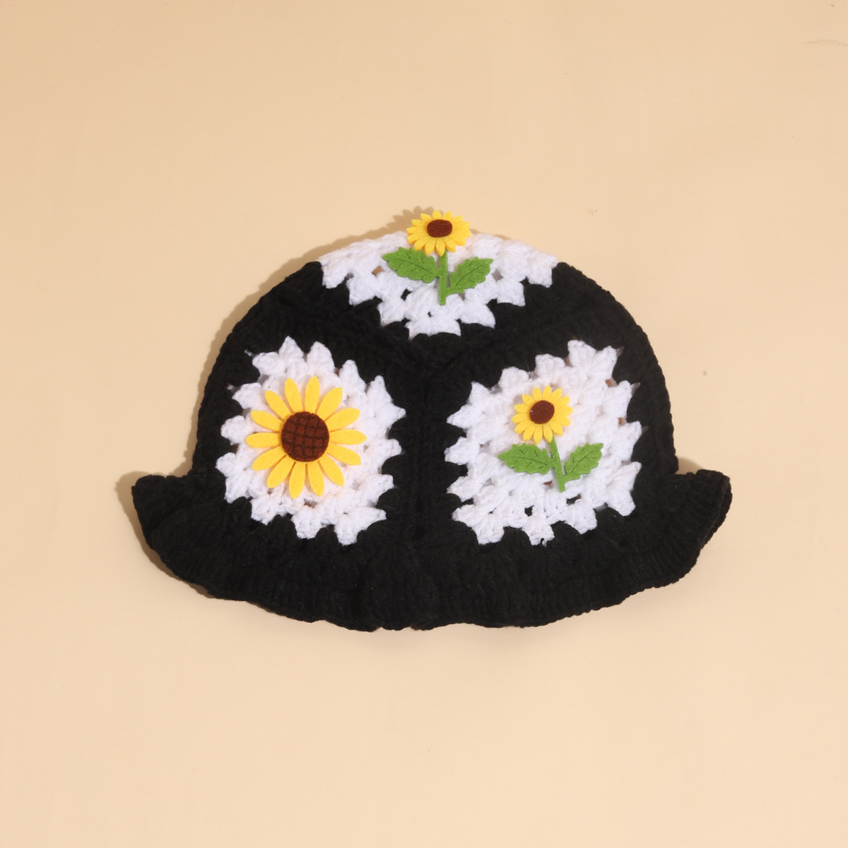 Cappello da pescatore con girasole tessuto a mano, autunno e inverno, carino cappello infantile con bordo a fungo, in lana all'uncinetto_voghion.com