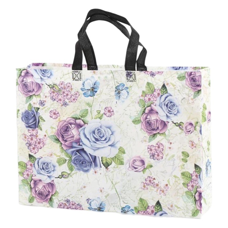 En stock película de impresión en color de fábrica Bolsa de compras portátil no tejida Bolsa de embalaje de publicidad de ropa no tejida Porcelana azul y blanca