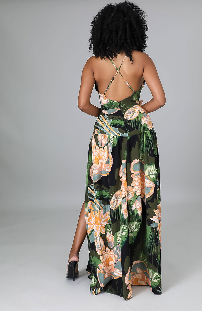 floral printed V-neck hollow lace up slit slip dress NSXHX127641