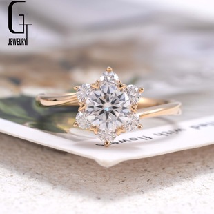 14K Gold Women's Wedding Diamond Ring Inlaid with Moissanite 80 Points Main Stone Fashionable Flowers Simple Birthday Holiday Gift