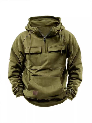 Spring and Autumn American Retro Hooded Loose Ribbed Sweatshirt for Men, Blue Multi-Pocket Pouch-Neck Outerwear