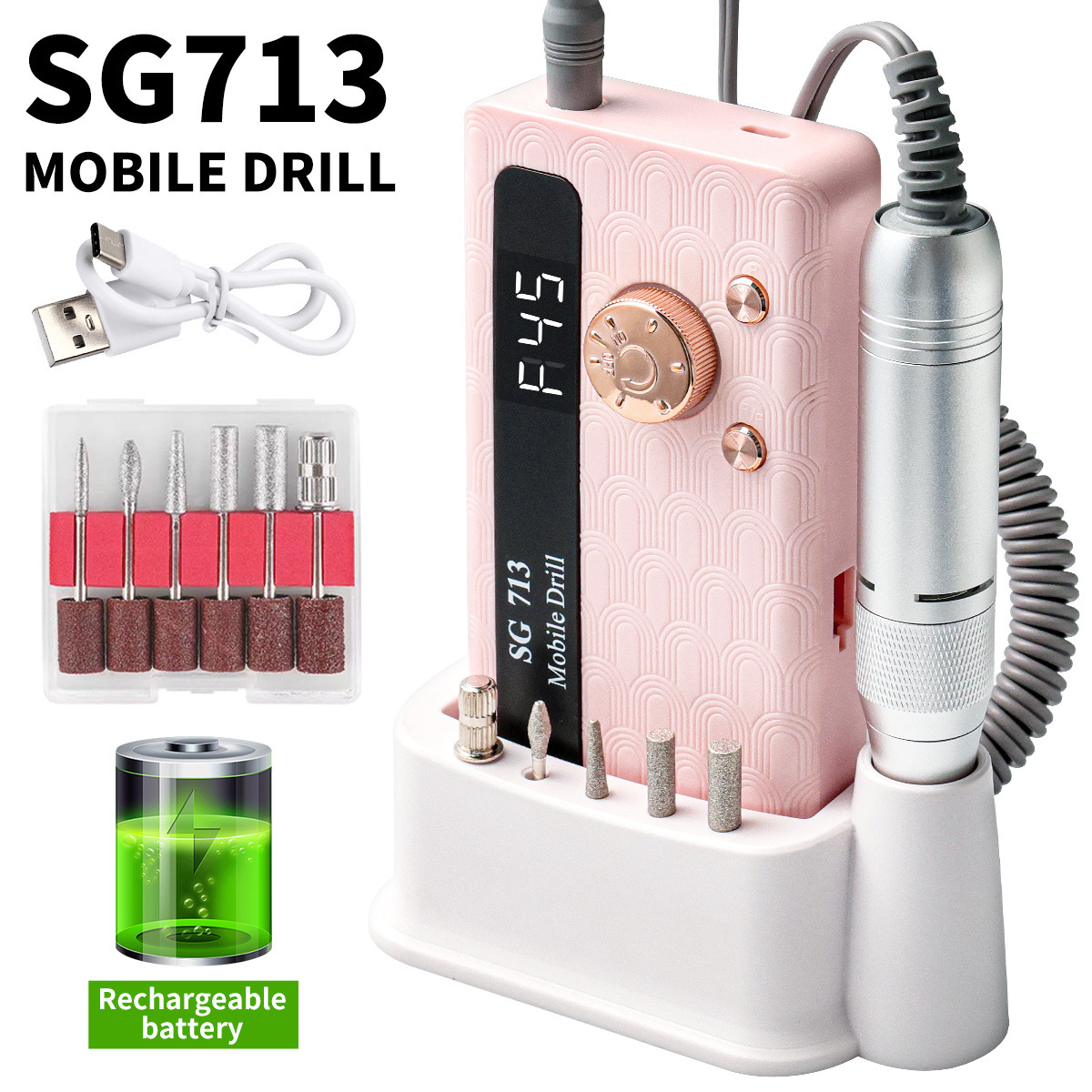 Nueva amoladora de uñas recargable, removedor de uñas eléctrico, amoladora de uñas, amoladora de uñas de alta velocidad, pulido de superficie de uñas