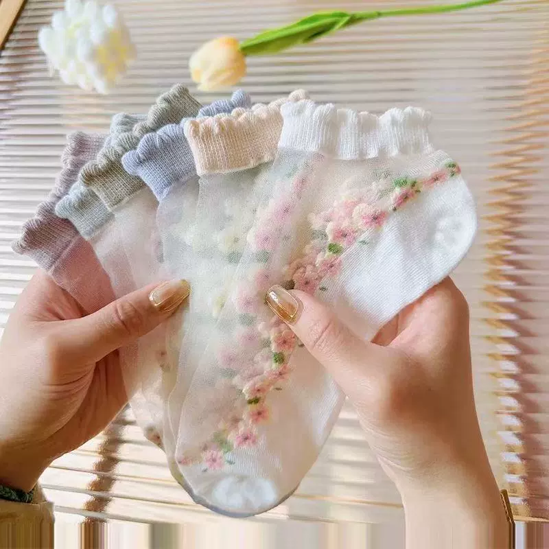 潮流女士玻璃丝袜小清新款透气吸汗休闲甜美款花朵款女袜花边袜