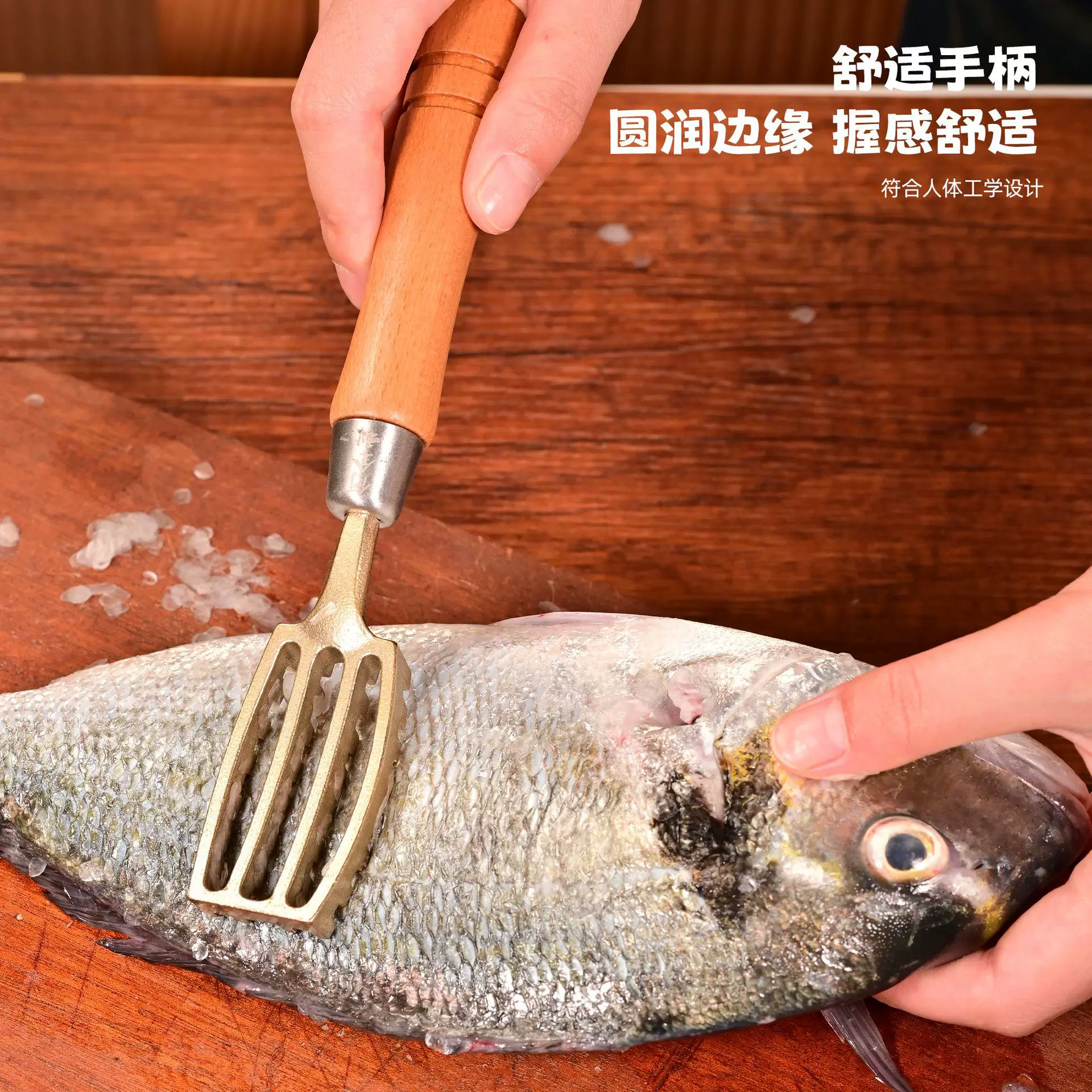 日式黄铜制鱼鳞刨去除鱼鳞刮鱼鳞器实木柄鱼鳞刷商用刮鳞器