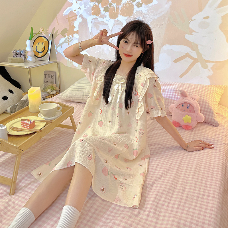Pijama de mujer de verano tejido espuma tejida tela arrugada pijama de mangas cortas princesa vestido de viento suelto vestido de casa de verano