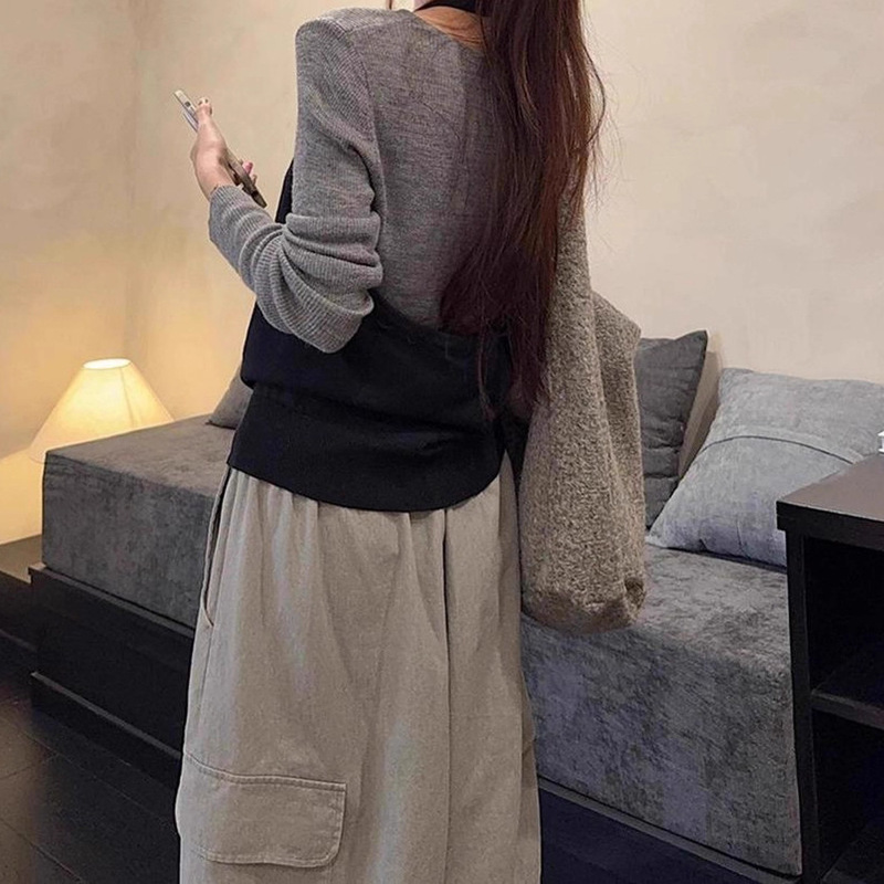 韩系穿搭灰色针织衫挂脖吊带水洗工装休闲裤女2025秋季新款套装潮|undefined