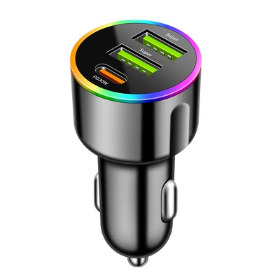 Mobil şarj cihazları Charger Super Fast Charging 2025 - c186-super-fast-charge-aac-three-port-colorful-atmosphere-light-60w-opp-bag