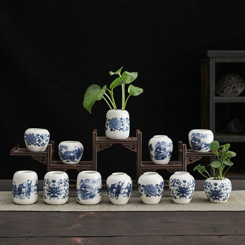 Retro Blue and White Porcelain Ceramic Vase Tea Ceremony Desktop Decoration Ornaments Non-Porous Hydroponic Copper Money Grass Green Plant Flower Arrangement Container