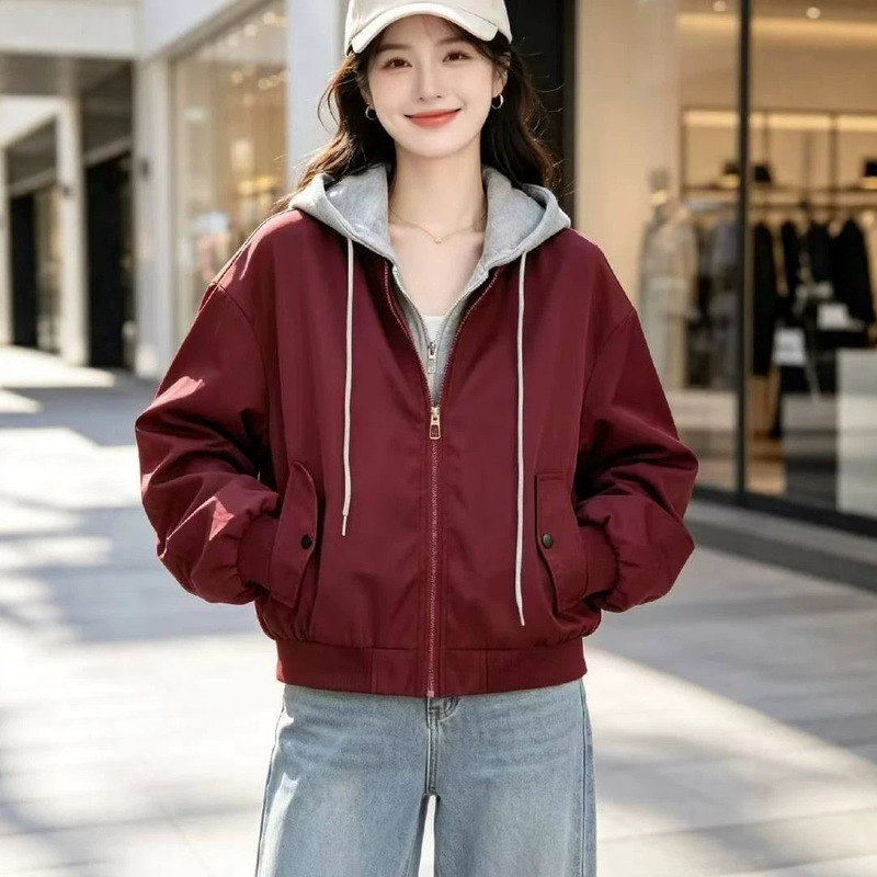 Casual style hooded faux two-piece short jacket for women, spring and autumn 2026 new model, loose and versatile baseball jacket top Casual style hooded faux two-piece short jacket for women, spring and autumn 2026 new model, loose and versatile baseball jacket top