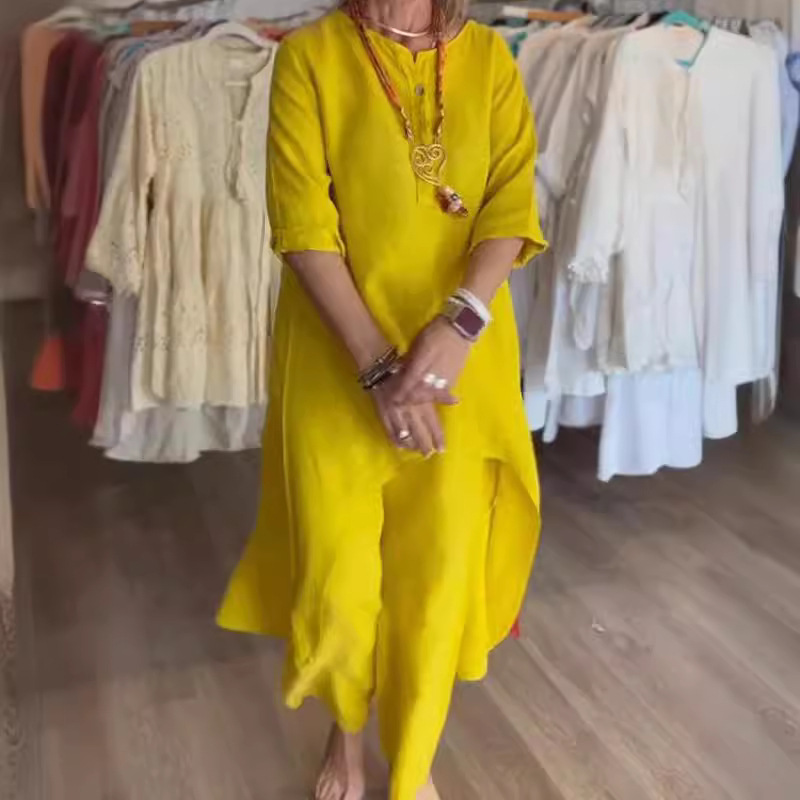 Conjunto de verano de manga larga de algodón y estilo holgado, informal, de color sólido, de venta rápida, nuevo producto para mujer_voghion.com