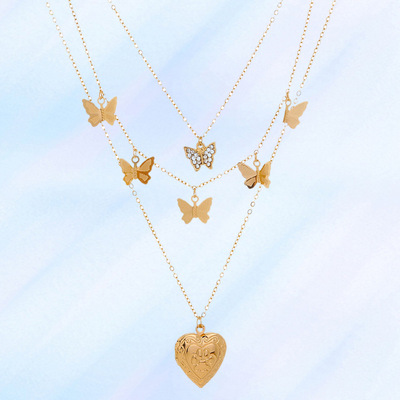 欧美跨境饰品 精美蝴蝶流苏颈链 潮流桃心相盒DIY多层叠戴项链女|ru