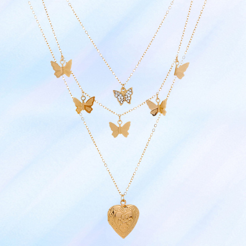 欧美跨境饰品 精美蝴蝶流苏颈链 潮流桃心相盒DIY多层叠戴项链女|ru