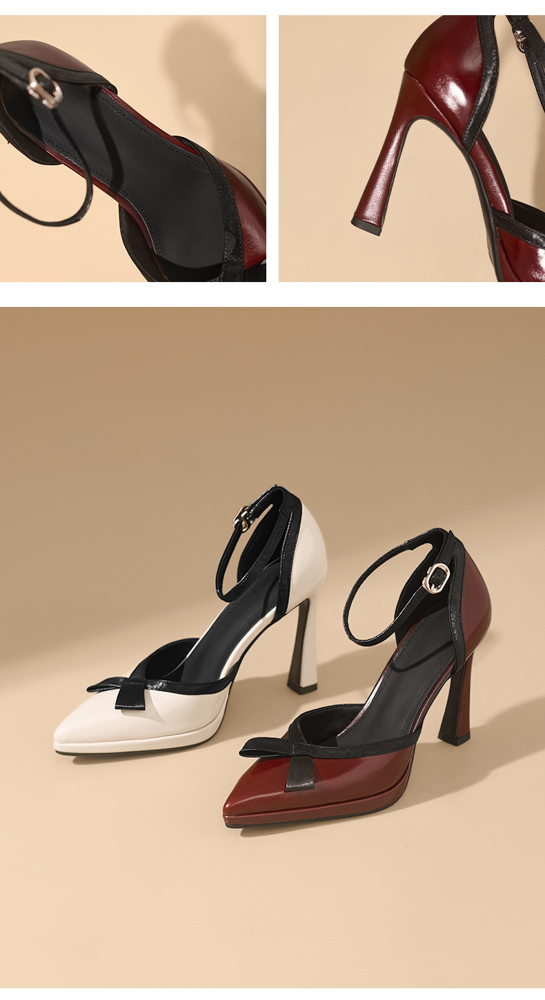 Sandal cao gót nữ phối màu phong cách Chanel, quai một khuy, mũi kín, gót nhọn 9 cm — Rượu vang đỏ, màu trắng ngà chi tiết 10