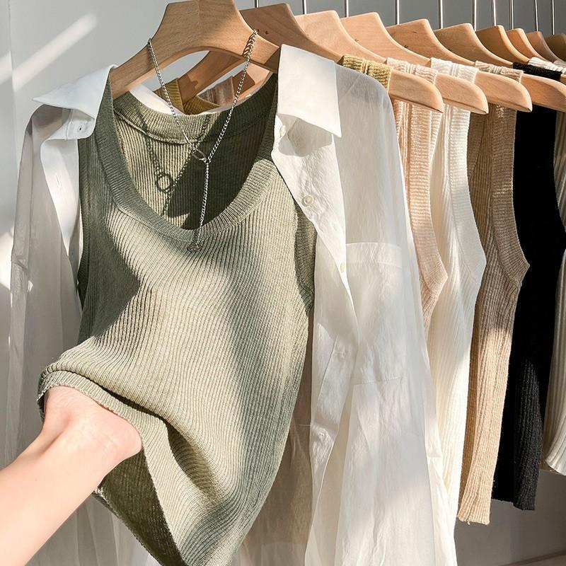 Korean-Style Ice Silk Ribbed Camisole for Women, 2026 Summer New Gentle Style U-Neck Slim-Fit Sleeveless Top Korean-Style Ice Silk Ribbed Camisole for Women, 2026 Summer New Gentle Style U-Neck Slim-Fit Sleeveless Top