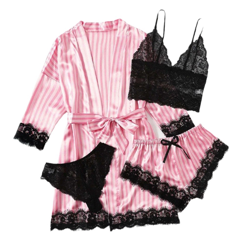 Conjunto de pijama de cuatro piezas para mujer, estilo europeo y americano, sexy y seductor, para comercio exterior, talla grande, camisón, conjunto de camisola para usar fuera de casa