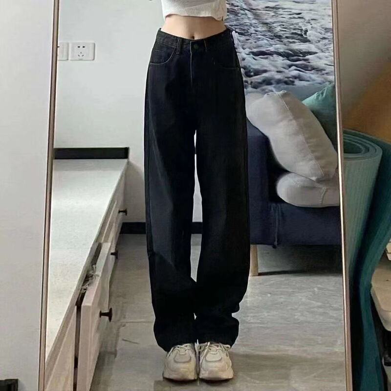 145小个子美式高街复古水洗阔腿牛仔裤女高腰显瘦宽松直筒拖地裤|undefined