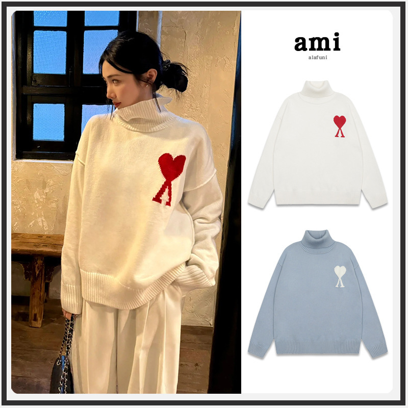 Heavy Weight! Ami Turtleneck Knitwear Big Heart Jacquard Autumn and Winter Casual Couple Style Top Warm Wool Knitwear