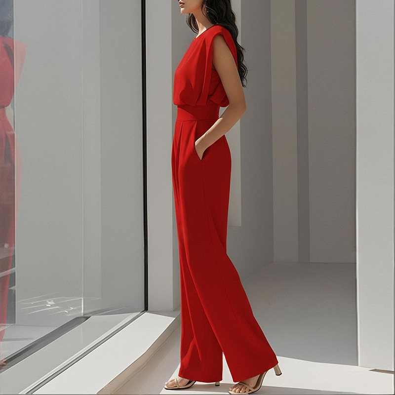2026 Spring New Women's Clothing, Fashion Casual Commuter Solid Color Crew Neck Pleated Jumpsuit_ecoleips.com