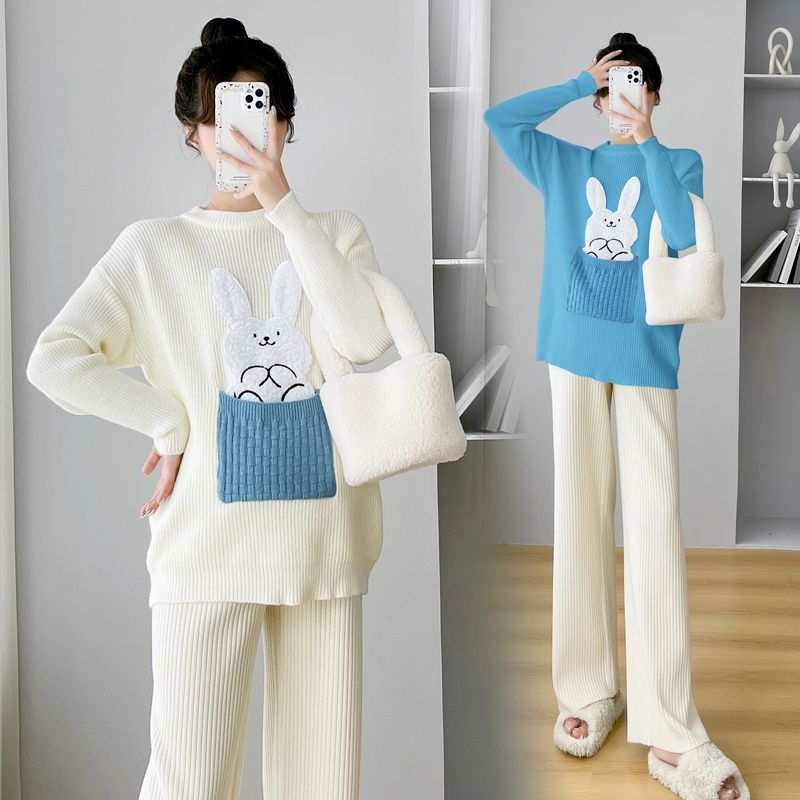 임산부 가을 겨울 정장 세련되고 스타일리시한 루즈한 상의, 미디엄 롱과 롱 스웨터, 와이드 레그 팬츠 투피스 슈트로 외출하기 좋은 사이즈