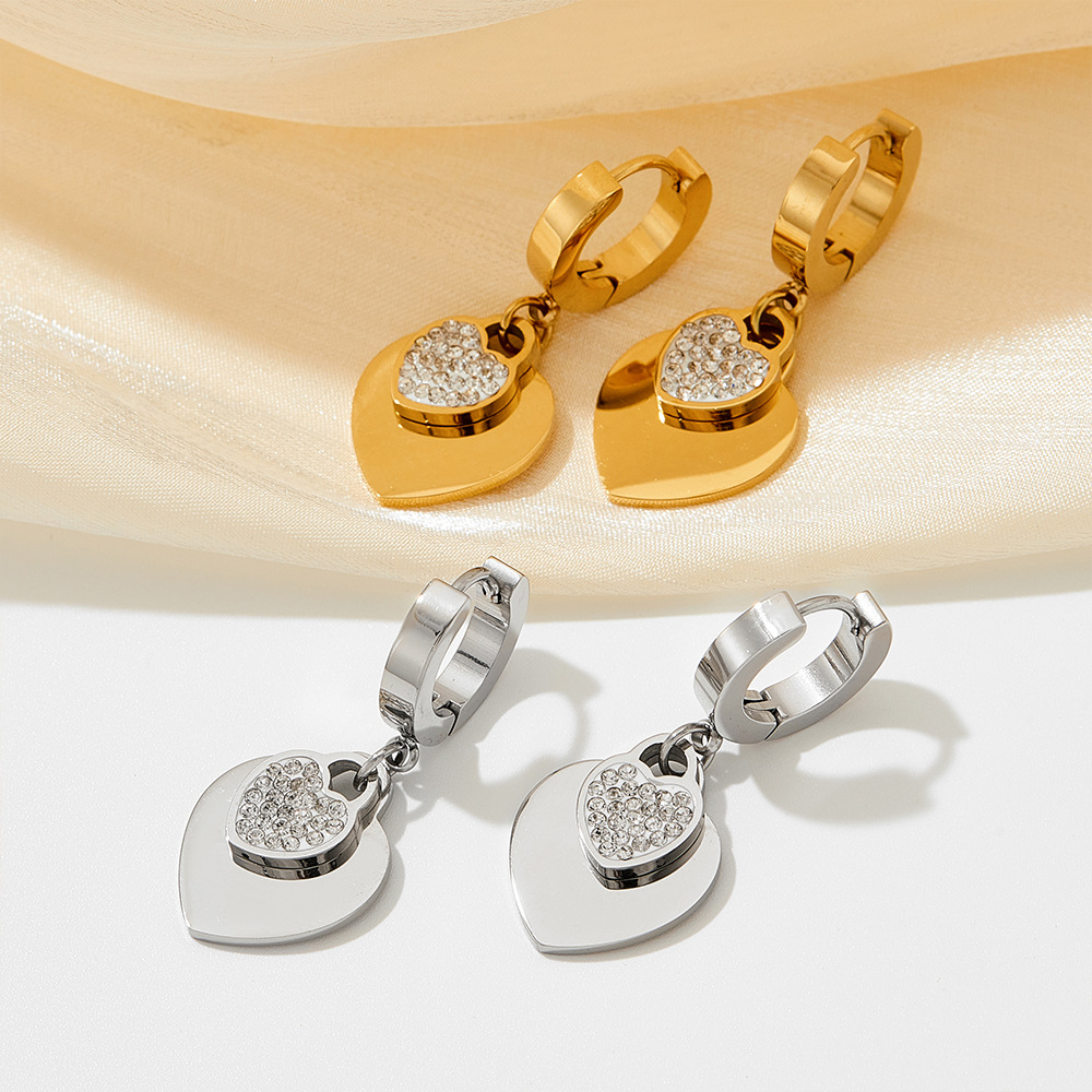 PVD Coated Gold Plating Process Real Gold Plated Plating Material Fashion Heart Shape Stainless Steel Titanium Steel Plating Inlay Zircon Bracelets Earrings Necklace