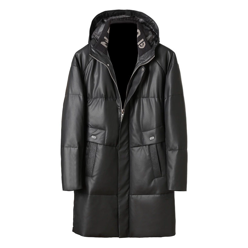 Новая кожаная куртка Haining, профильная мужская пуховая куртка средней длины, ветровка из овчины с капюшоном, красивое пальто, теплое зимнее