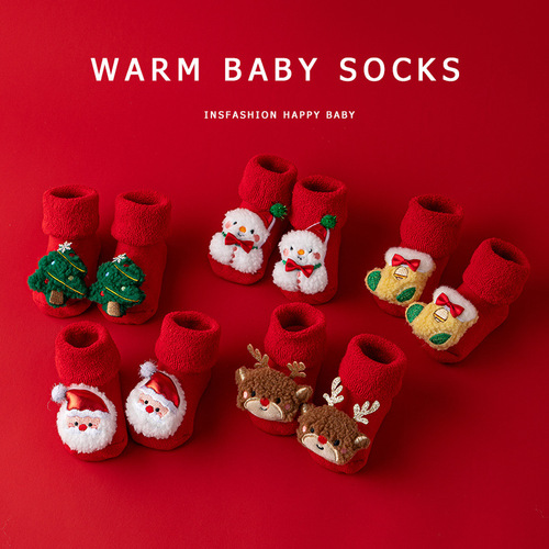 Newborn Baby Fall/Winter Thicker Warm Red Overcoat Waterproof Snowman Christmas Learning to Walk Floor Socks