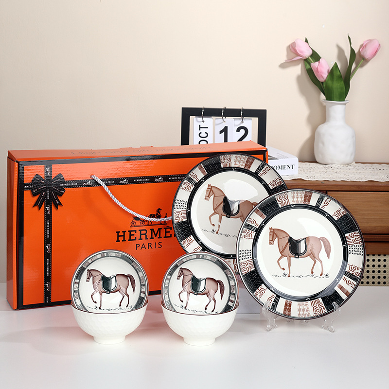 Ceramic Tableware Underglaze Color Household Bowl and Plate Set Rice Bowl Gift Box Tableware Set Corporate Event Gifts Wholesale