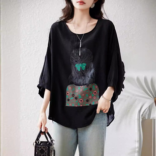 Real Shot of In-Stock Summer New Round-Neck Pullover Short-Sleeve Top, Fashionable Plus-Size Loose Mid-Sleeve T-Shirt