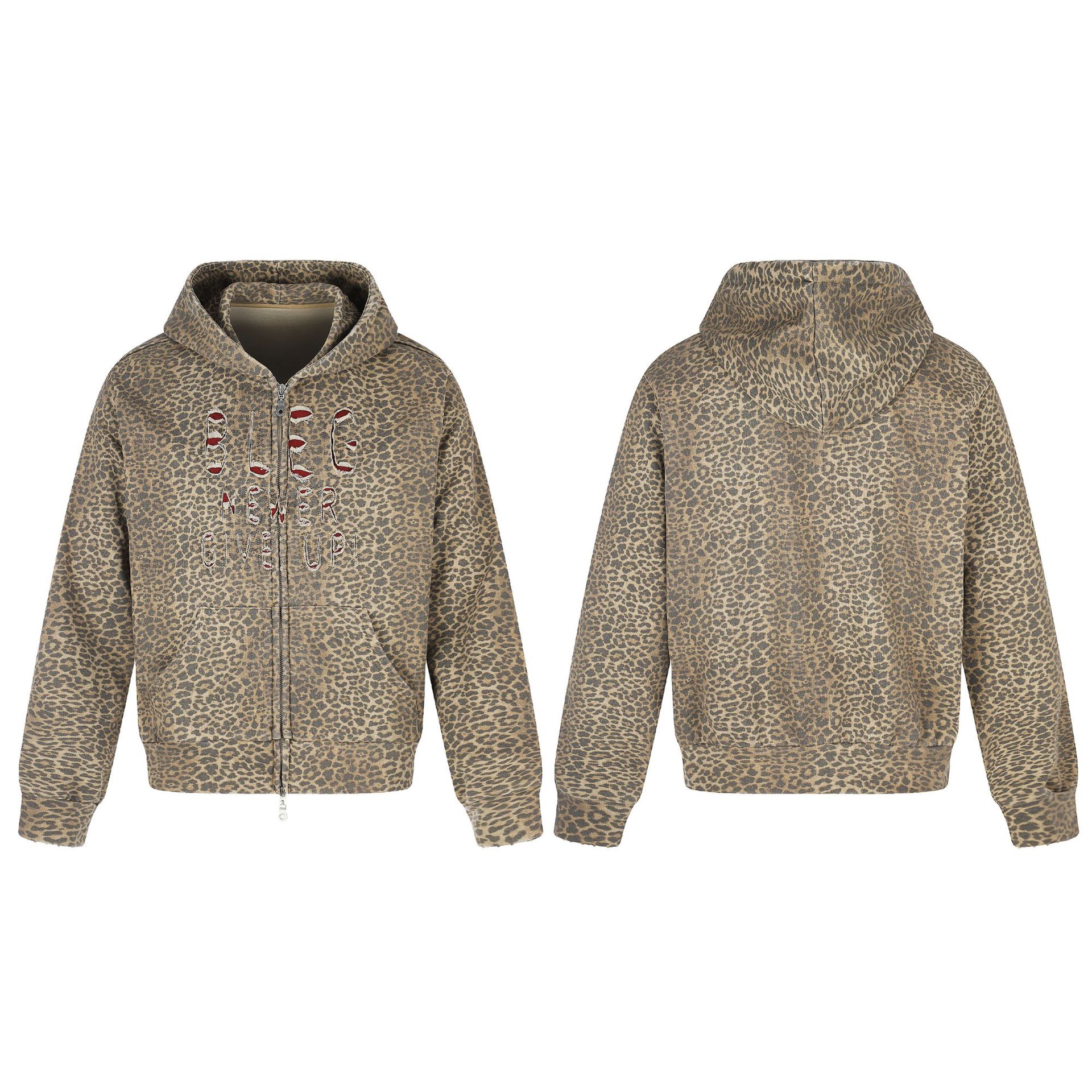 Calle americana letra impresa leopardo chaqueta encapuchada chaqueta hombre y mujer de moda suelta cremallera fábrica de cabello recto