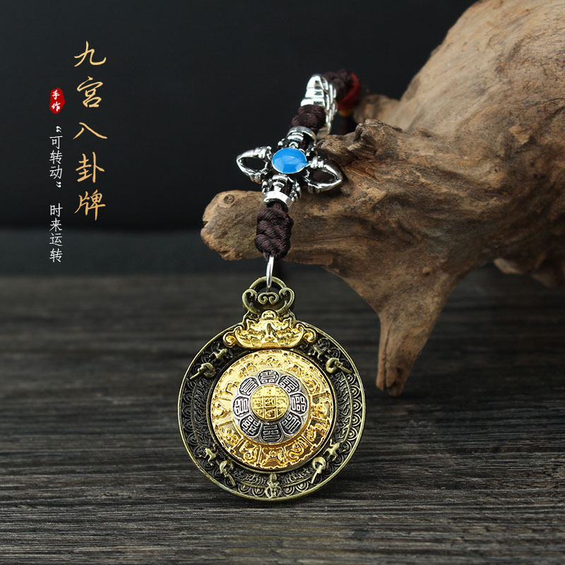 Retro Tibetan-style Copper Zodiac & Nine Palaces Bagua Pendant: Rotatable Lucky Charm for Men and Women, Perfect as a Year of Birth Pendant or Keychain