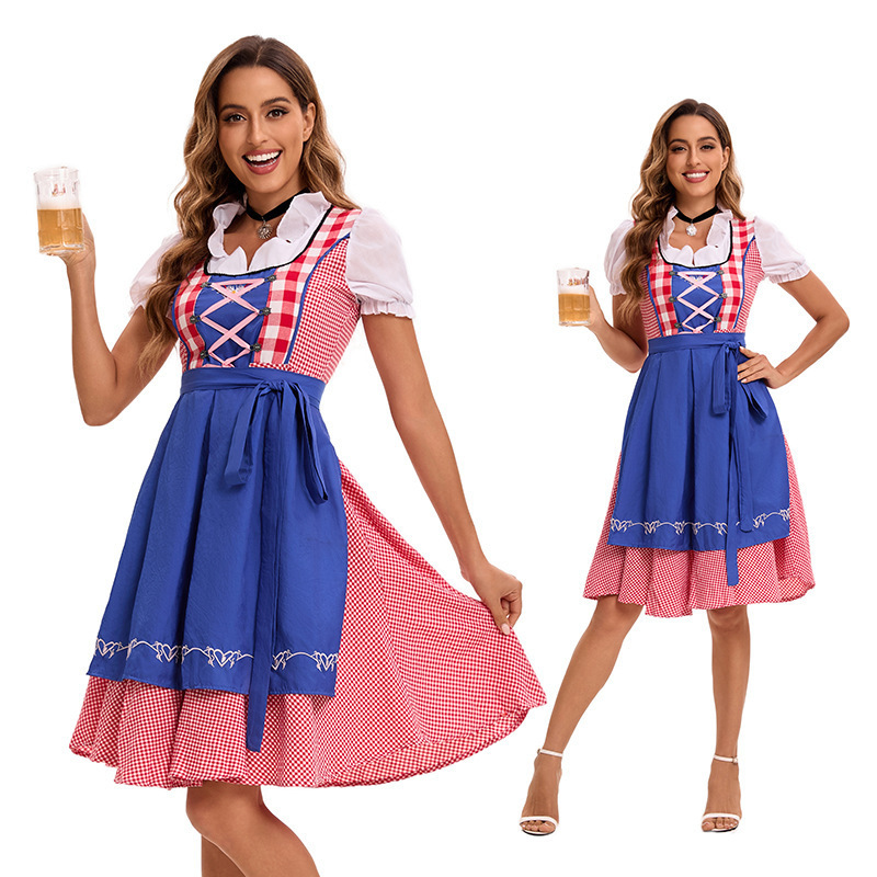 Oktoberfest Beer Festival Dress Plaid Lace-Up Retro Dirndl Bar Event Performance Uniform