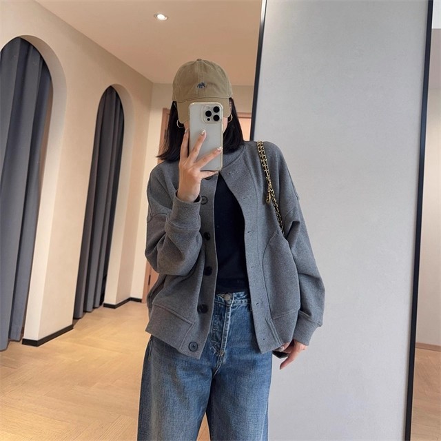 EE923休闲减龄高密度棉落肩袖宽松单排扣短款卫衣外套女2025秋|undefined