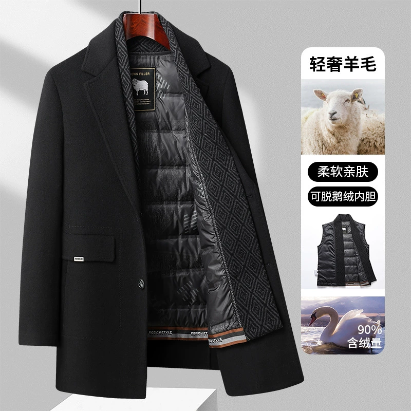 Новое осенне-зимнее мужское двустороннее шерстяное пальто, сшитое вручную, костюм с воротником, гусиный пух, съемная подкладка, двустороннее шерстяное пальто для мужчин