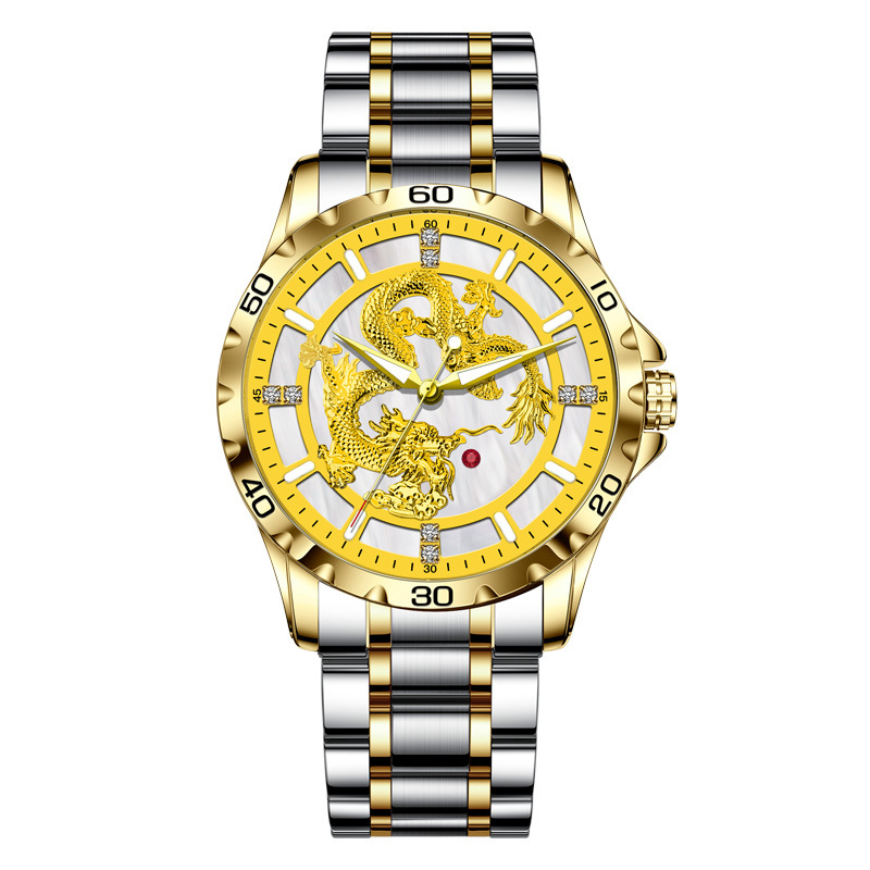 Đồng hồ nam automatic lộ máy dây thép vàng mặt trong suốt — Dây thép vàng vỏ vàng rồng 8982 (không xoay được hạt)