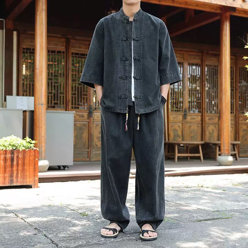 夏季中国风男装牛仔七分袖衬衫盘扣立领上衣宽松大码男休闲两件套|undefined