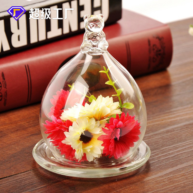Lindo Super lindo oso cubierta de paisaje de vidrio micro paisaje florero flor eterna cubierta de flor de vidrio