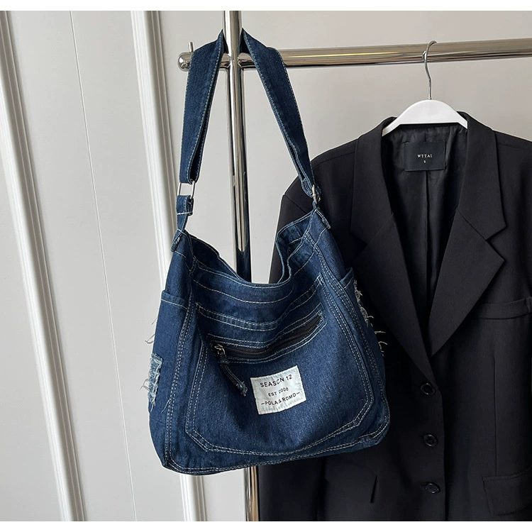 Denim Shoulder Bag for Casual Wear, One-Shoulder Design in Black, Light Blue, Navy Blue