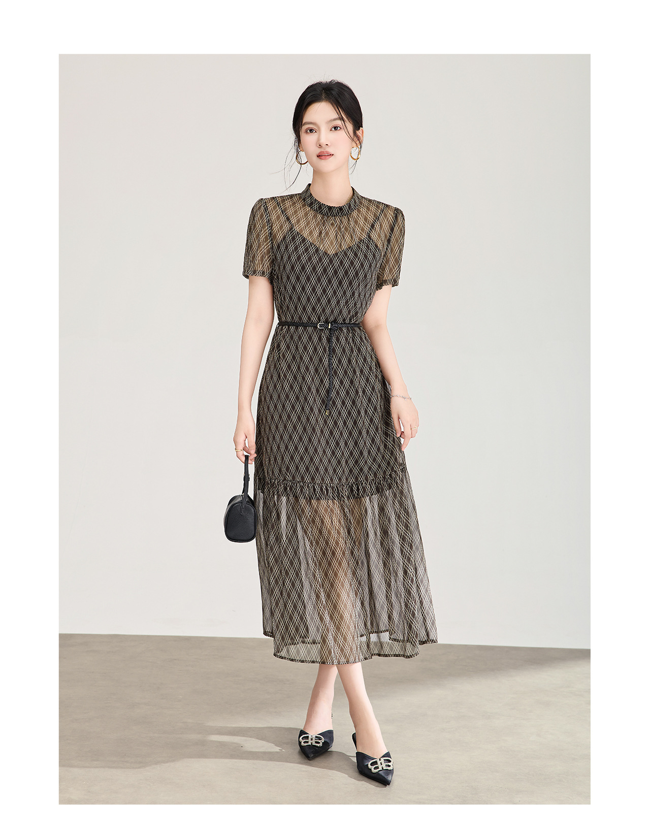 Váy maxi nữ thắt eo in họa tiết caro phong cách cổ điển, dáng chữ A — Màu cà phê chi tiết 12