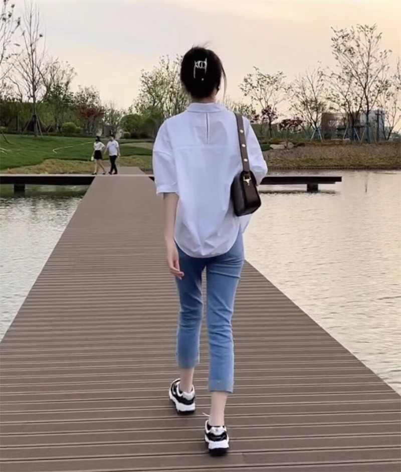 Áo sơ mi nữ cotton mùa hè tay lỡ phong cách Hàn Quốc — Màu xanh lam nhạt chi tiết 8