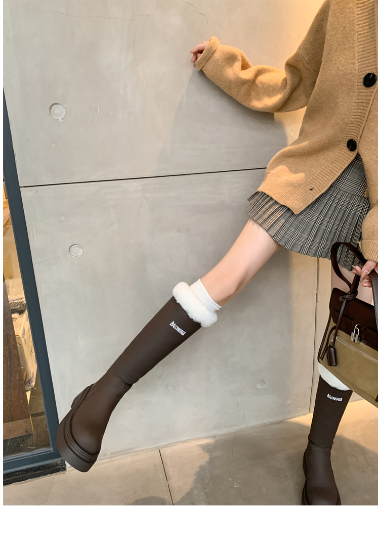 Boot nữ cổ cao lót nhung đế dày da bò giữ ấm mùa đông — Màu nâu ống lớn chi tiết 32