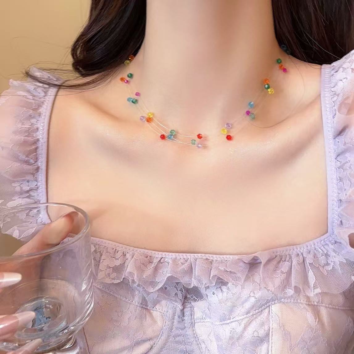 彩色多巴胺串珠项链女春时尚个性显脸小耳钉小众设计高级感锁骨链