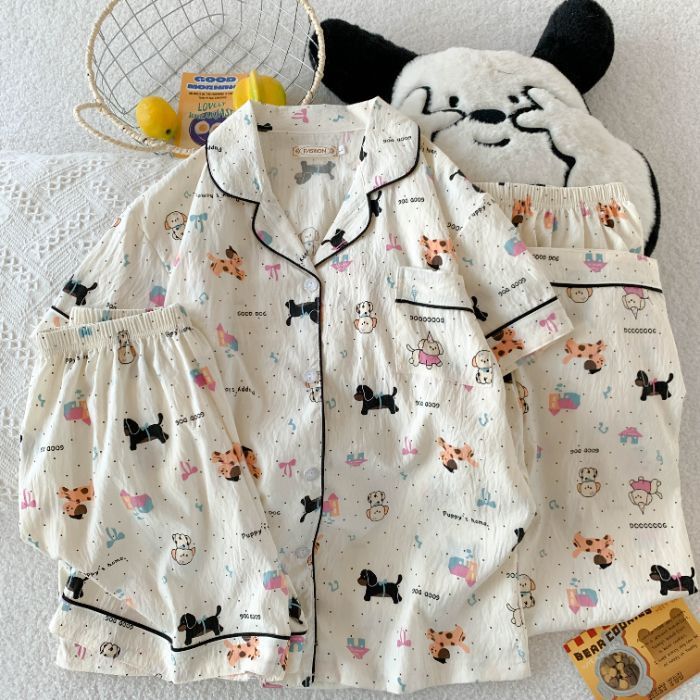 Verano nuevo estilo pijama mujer nube algodón 120g solapa cárdigan pantalones cortos de manga corta pantalones de tres piezas lindo servicio a domicilio