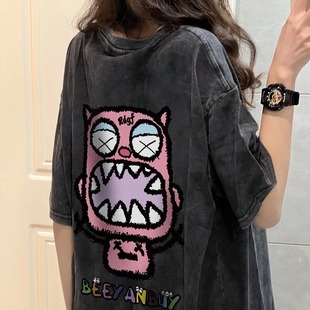 American-style retro washed black cotton short-sleeved fashion brand T-shirt women's summer 2023 new niche non-collision top
