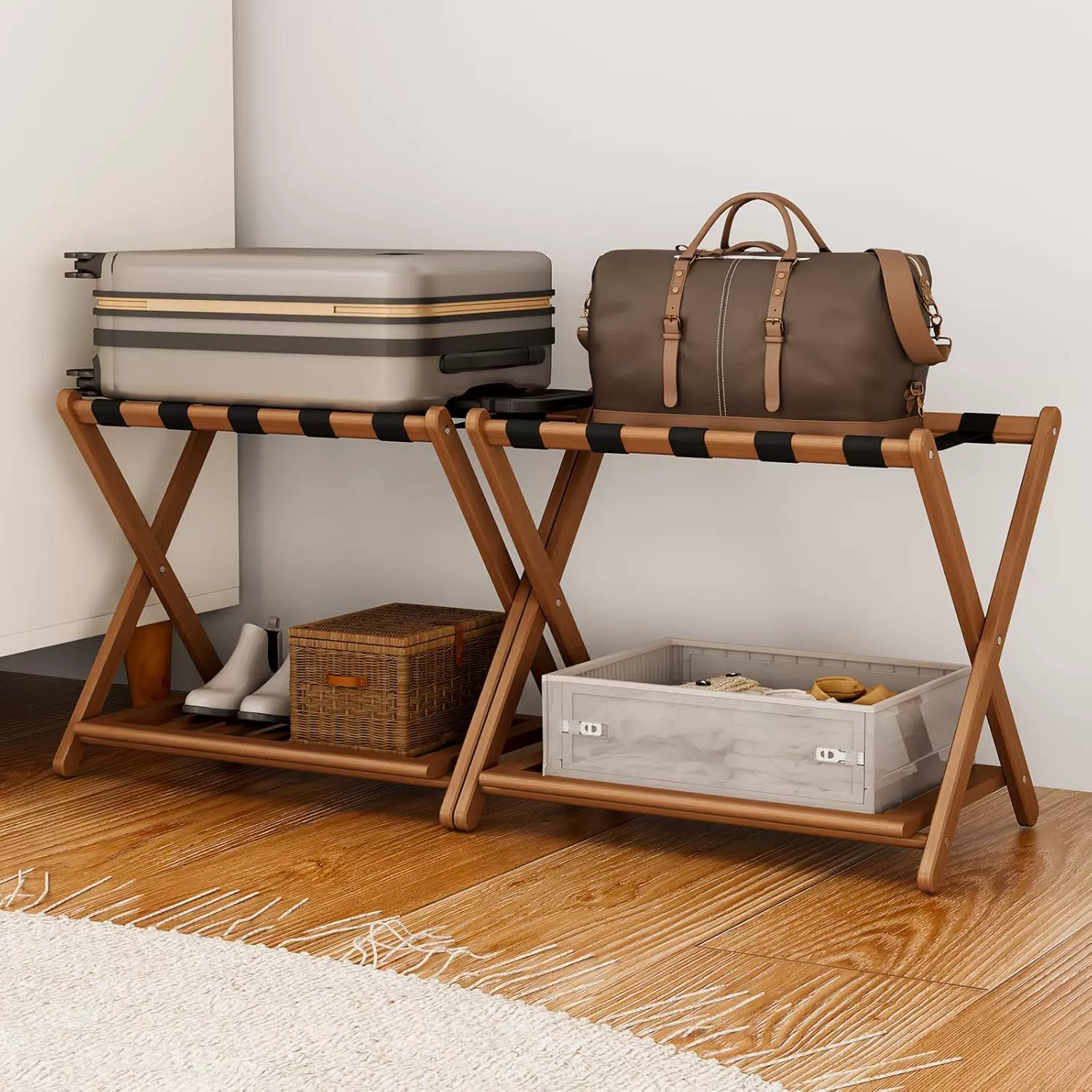 跨境木质酒店民宿客房双层行李箱置物架可折叠楠竹行李箱收纳架