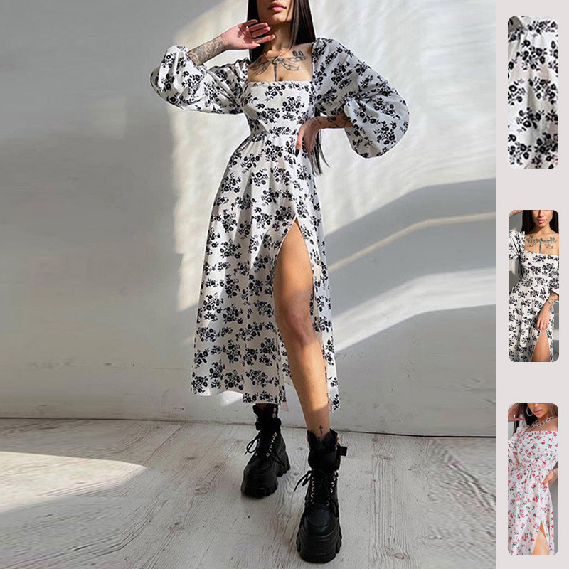 2026 New Summer Women's Clothing European and American Cross-Border Dress Sexy Backless Slit Tie-Up Printed Long Dress